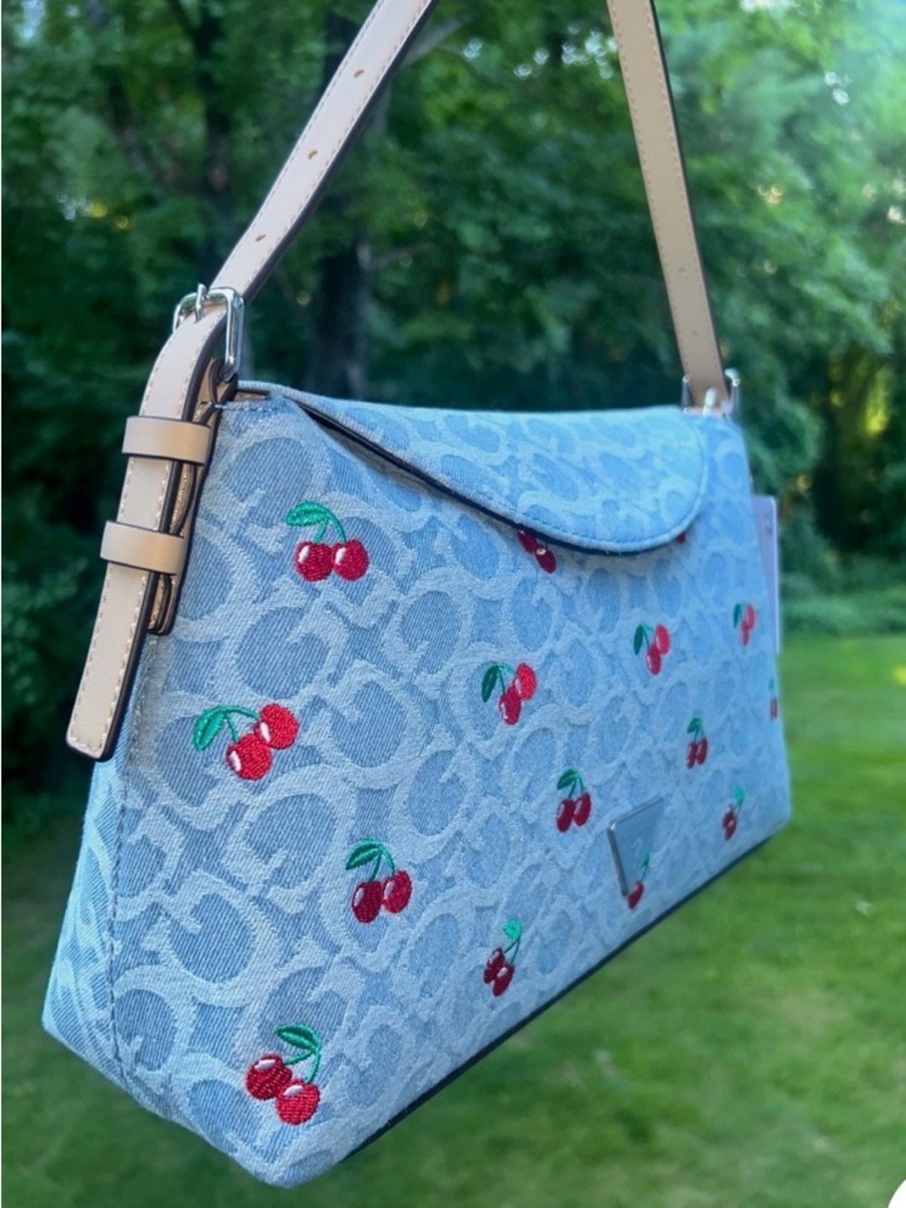 Blue Denim Cherry Embroidered Shoulder Bag